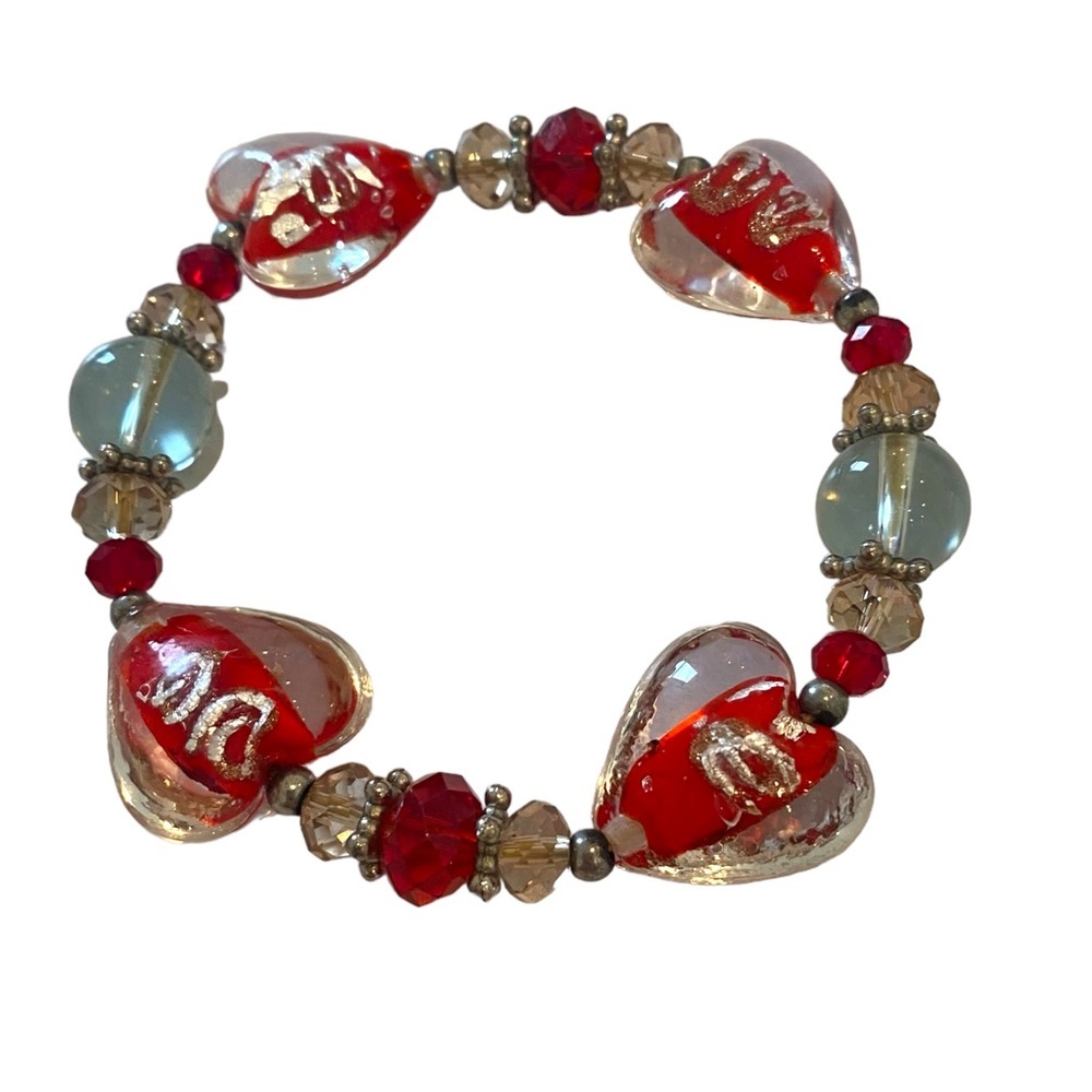 Art glass elastic bracelet w read hearts love Valentine’s Day